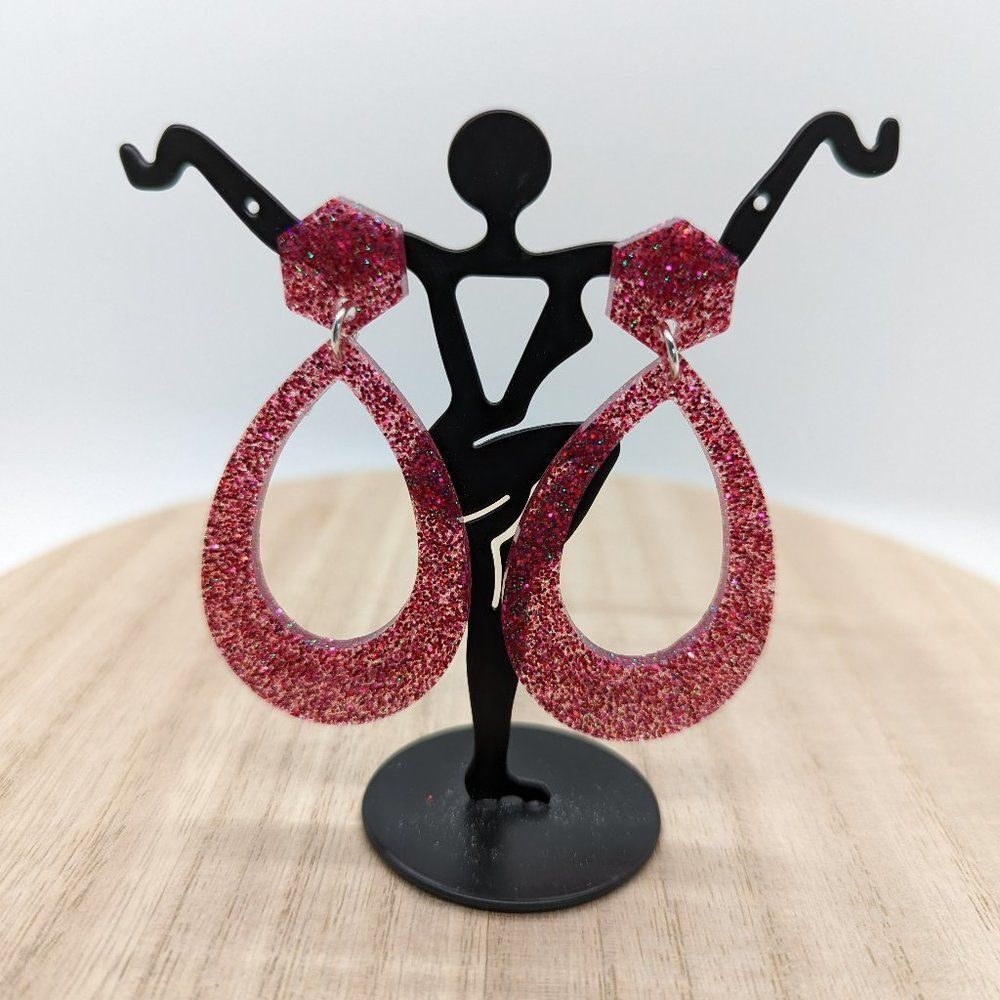 Earrings Teardrop Red & Pink Glitter